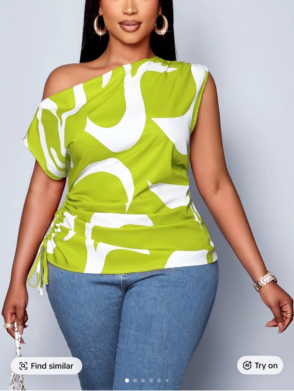 One-Shoulder Lime Green Print Ruched Side Top
